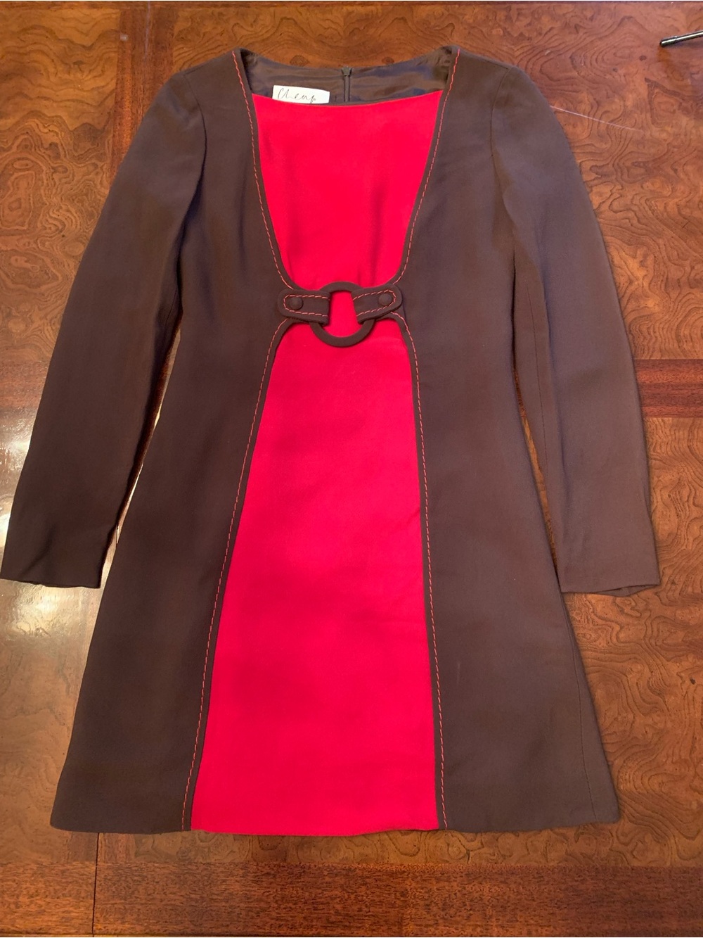 Vintage Moschino Brown and Red Colorblock Dress with Front Ring Detail